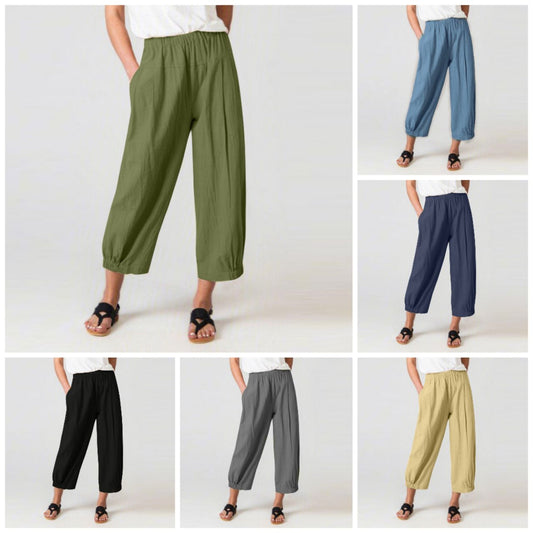 🔥New Hot Sales🔥Solid Elastic Women's Pants Waist Stitching Cropped Color Straight